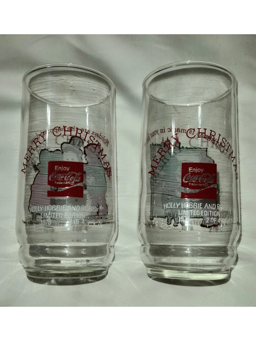 4pc Vintage 1978 Holly Hobbie & Robby Coca-Cola Christmas Glasses Home Decor EUC